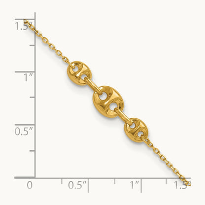 Polished Fancy Link 9in Plus 1 in ext. Anklet, 14K