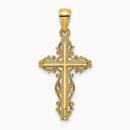 Cross with Lace Trim Charm — 14K Yellow Gold