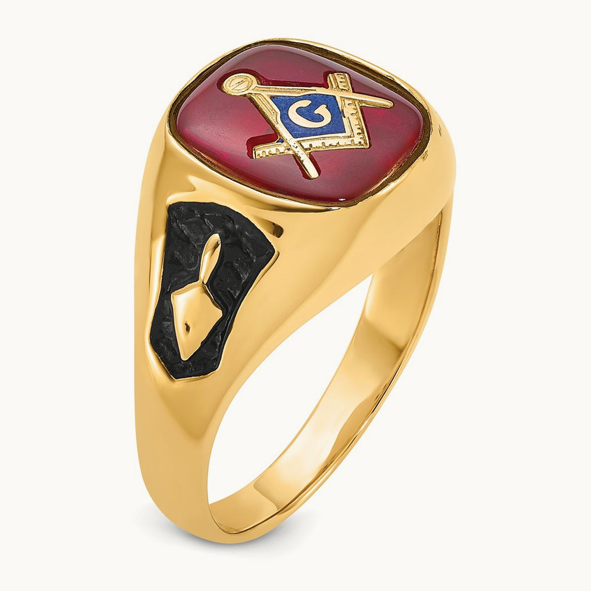 Men's Textured w/ Black Enamel & Lab Cr. Ruby Masonic Ring, 14K