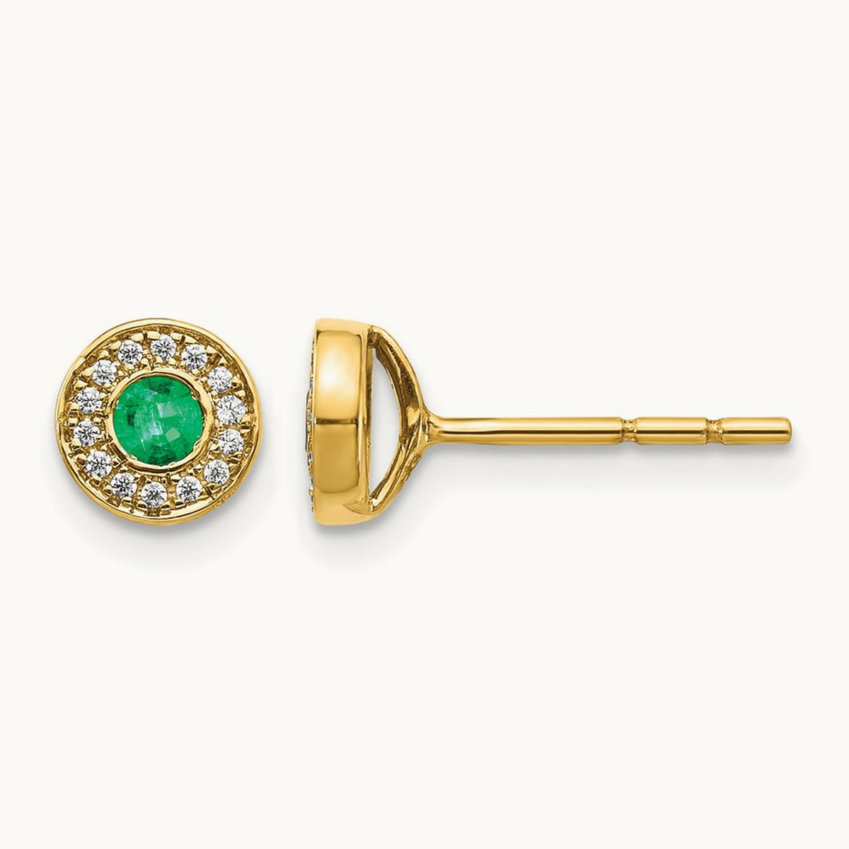 Diamond and Emerald Halo Post Earrings, 14K Gold