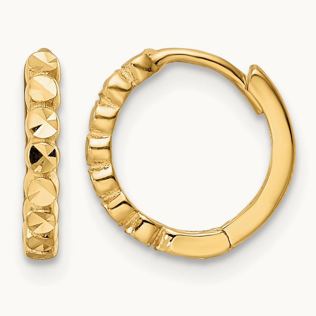 Diamond-cut Hinged Hoop Earrings — 14K Yellow Gold, 2x12mm