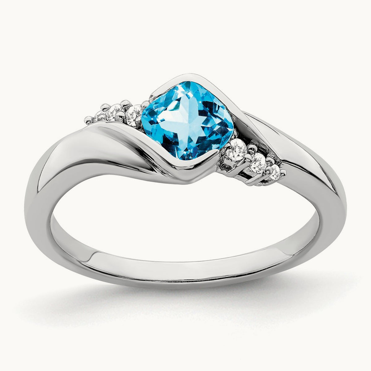 Blue Topaz and Diamond Ring — 14K White Gold, 7