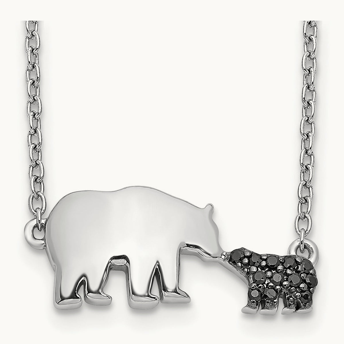 Black Diamond Mother and Baby Bear 18 in Necklace, 14K White Gold