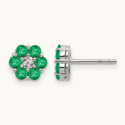 Polished Emerald and Diamond Post Earrings, 14K White Gold