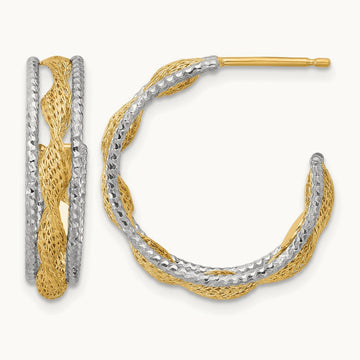 w/Rhodium Polished/Textured/Dia-cut Twist J-Hoop Earrings, 14K — Leslie's