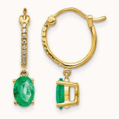 1/10ct Diamond and Emerald Dangle Hoop Earrings, 14K