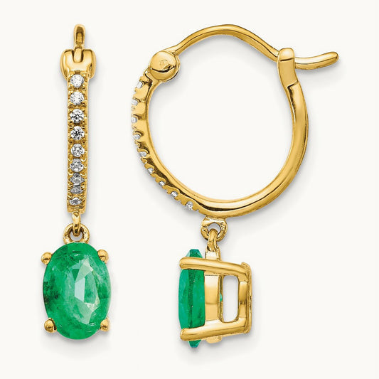 1/10ct Diamond and Emerald Dangle Hoop Earrings, 14K