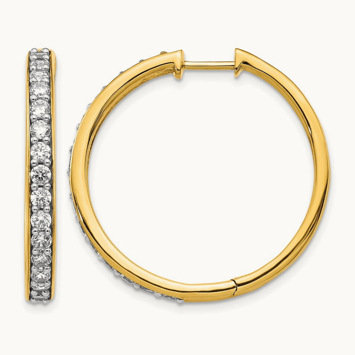 Diamond Hinged Hoop Earrings — 14K Yellow Gold, 29mm, 1.5 ct