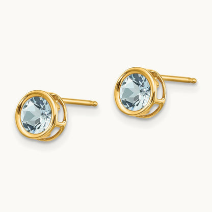 Bezel Aquamarine Stud Earrings — 14K Yellow Gold