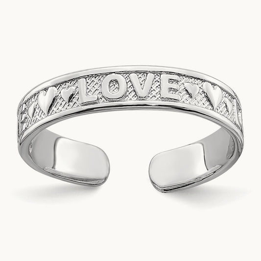 Polished LOVE and Hearts Toe Ring — 14K White Gold