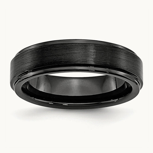 Black Ceramic Ridged Edge Brushed and Polished Band — 6mm