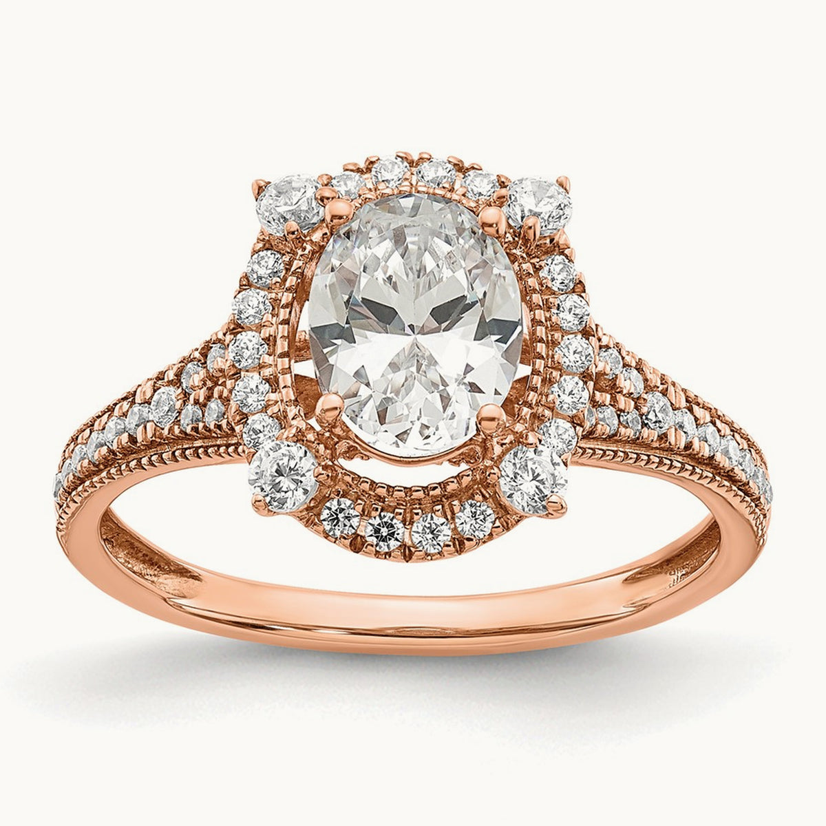 Setting: Vintage 1ct Oval Halo Diamond Semi-Mount Ring, 14K Gold — 14K Rose Gold
