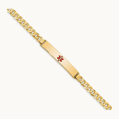 Medical Red Enamel Flat Curb Link ID Bracelet, 14K