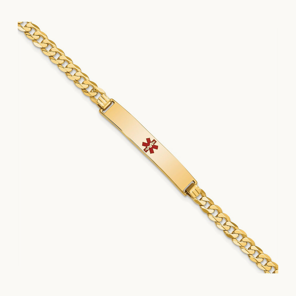 Medical Red Enamel Flat Curb Link ID Bracelet, 14K
