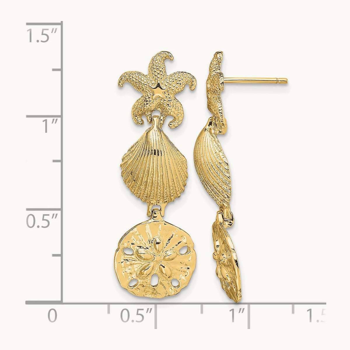 Starfish, Shell ,Sand Dollar Dangle Earrings, 14K