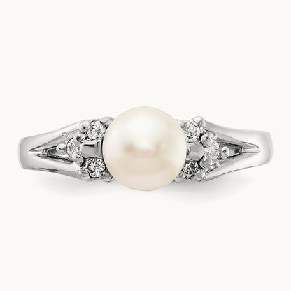 FW Cultured Pearl AA Diamond ring, 6mm, 14K White Gold