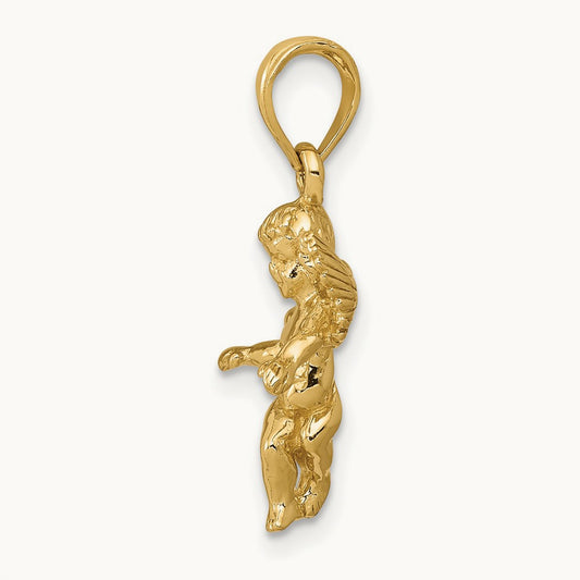 3D Polished Solid Angel Pendant — 14K Yellow Gold