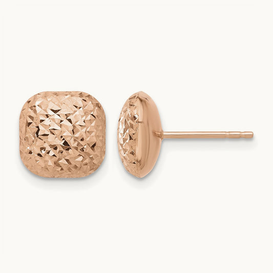 Polished Diamond-cut Puffed Square Post Earrings — 14K Rose Gold