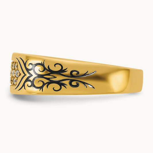 Antiqued IB Goodman Scroll Mens Complete 1/5ct Diamond Ring, 14K Yellow Gold