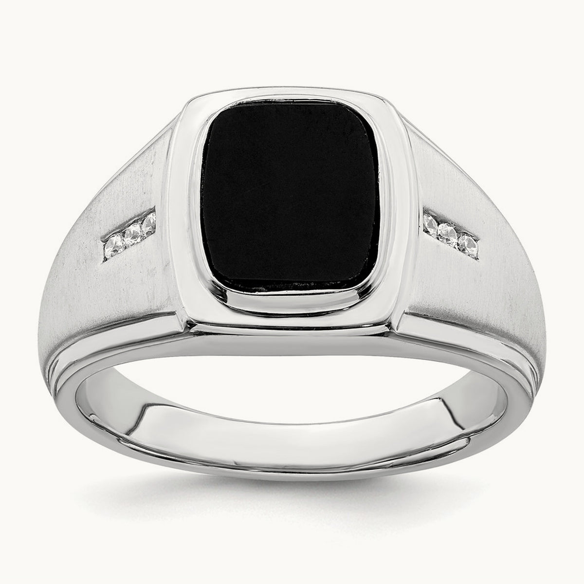 Polished & Satin Onyx & Diamond Mens Ring, 14K White Gold
