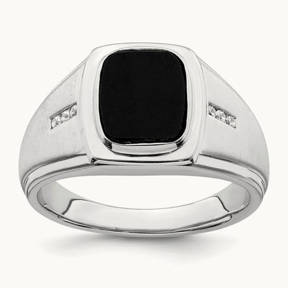 Polished & Satin Onyx & Diamond Mens Ring, 14K White Gold