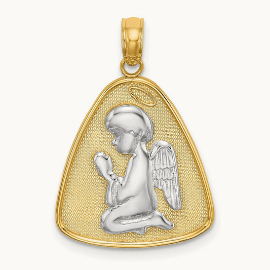 w/Rhodium Angel Praying w/Halo On Triangle Disc, 14K