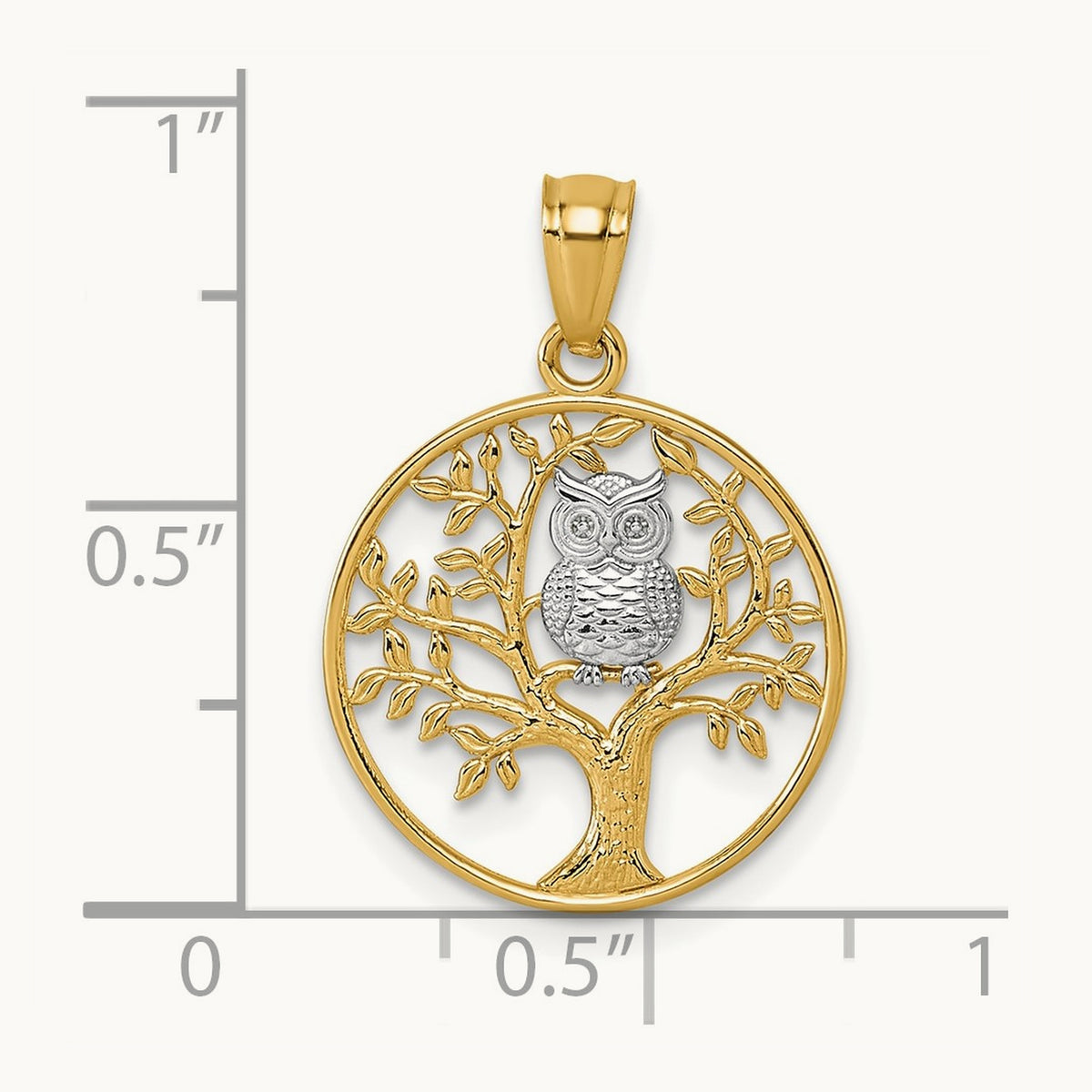 Textured Owl Sitting In Tree In Circle Pendant, 14K with Rhodium