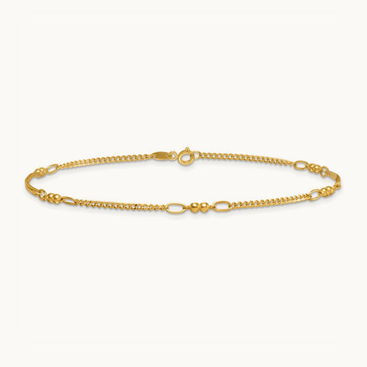 Polished Beaded Mixed Link 10in Anklet, 14K