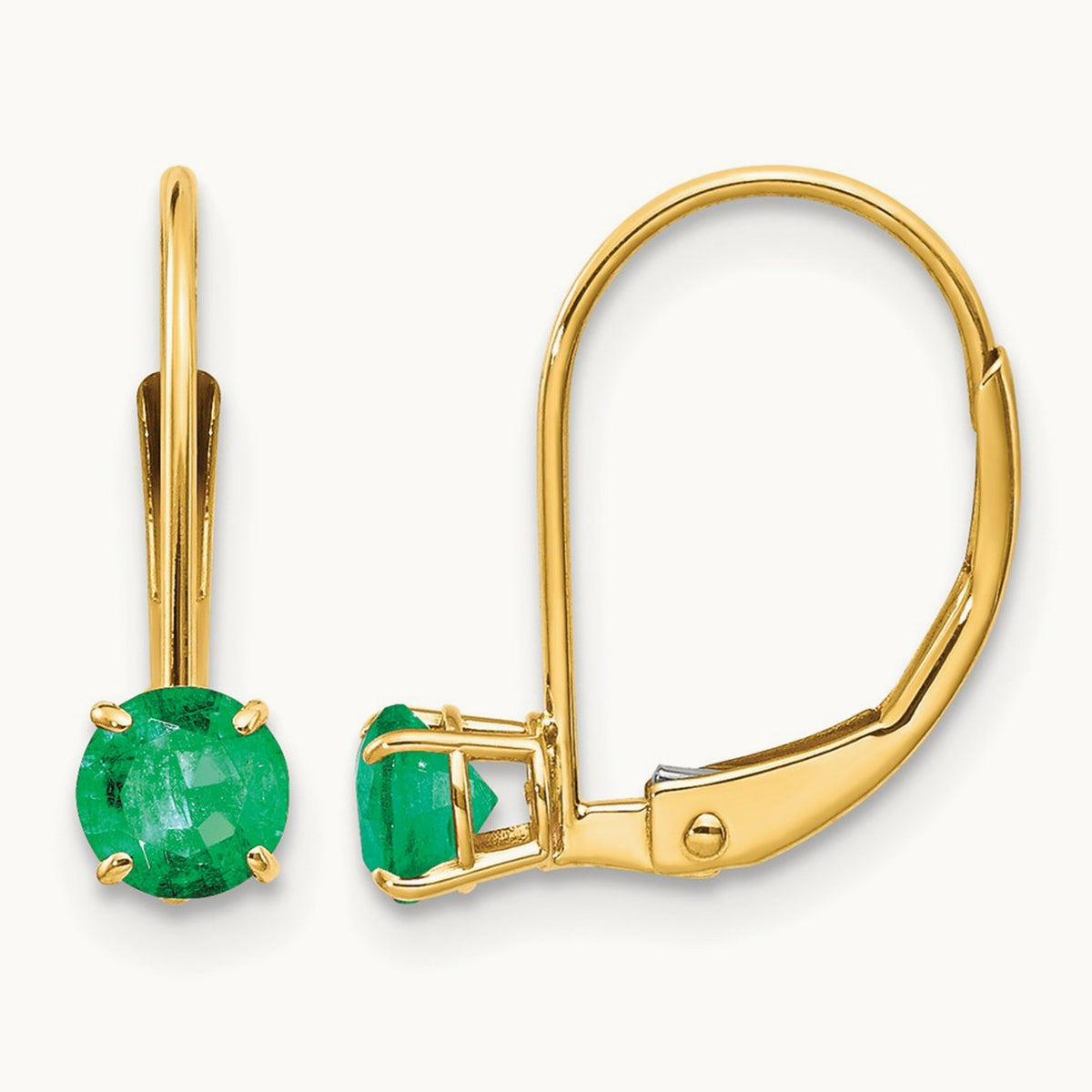 Round May/Emerald Leverback Earrings — 14K Yellow Gold