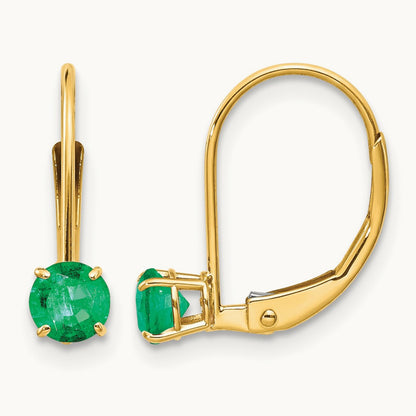 Round May/Emerald Leverback Earrings — 14K Yellow Gold