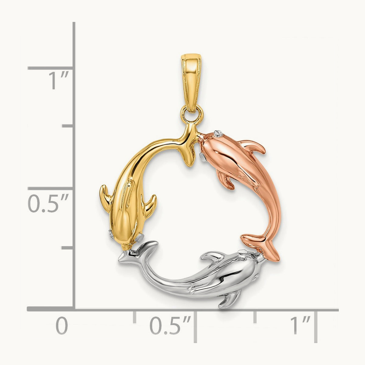 Tri-color Triple Dolphin Circle Pendant, 14K