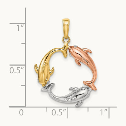 Tri-color Triple Dolphin Circle Pendant, 14K