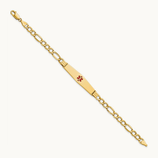 Semi-Solid Medical Soft Diamond Shape Red Enamel Figaro ID Bracelet, 14K
