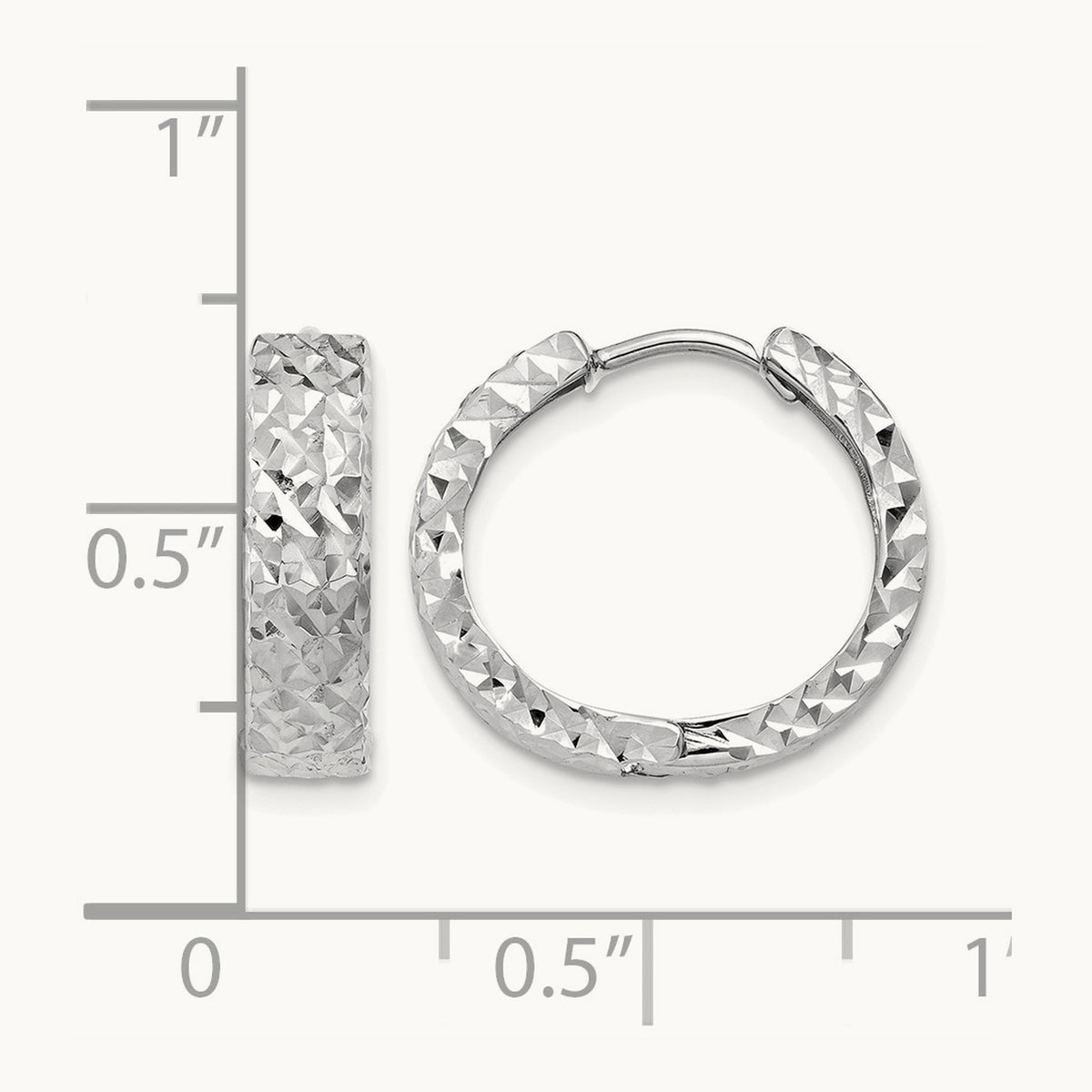 Diamond-cut Hinged Hoop Earrings — 14K White Gold, 14mm