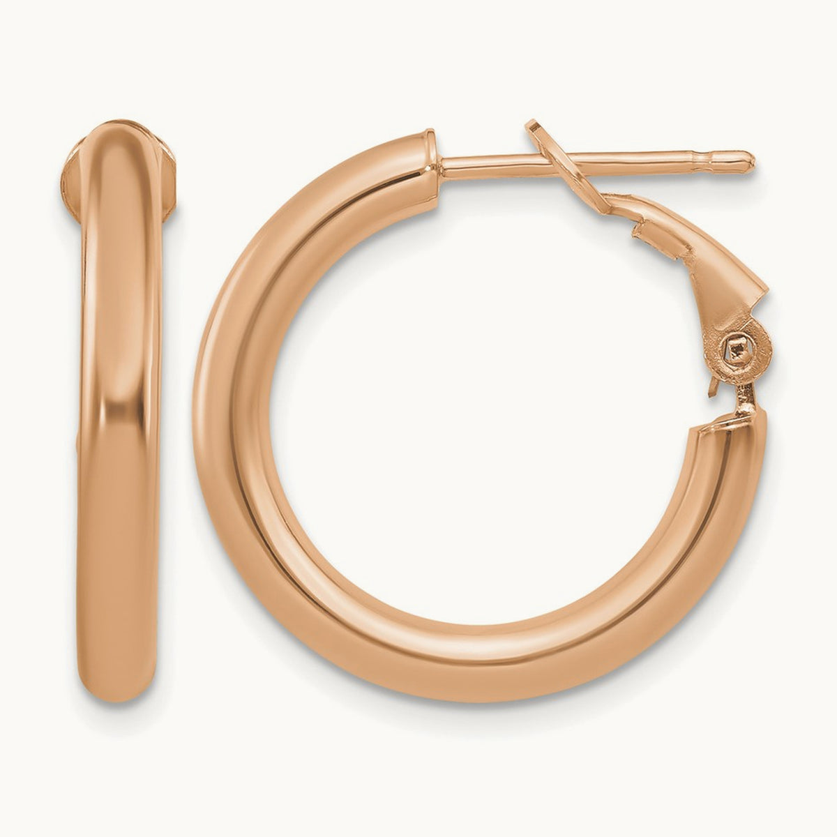Polished Round Omega Back Hoop Earrings — 14K Rose Gold, 3x22mm