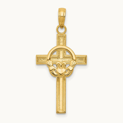 Polished Claddagh Cross Pendant — 14K Yellow Gold