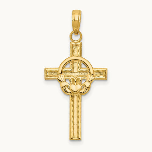 Polished Claddagh Cross Pendant — 14K Yellow Gold