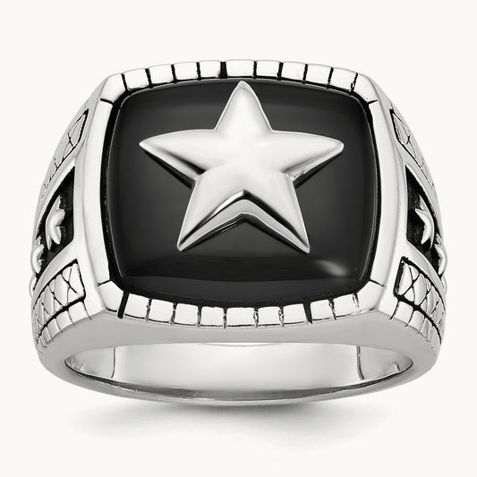 IBGoodman Men's Antiqued Onyx Complete Star Ring, 14K White Gold