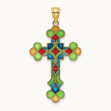 Multi Color Enameled Cross Charm, 14K