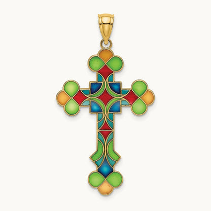 Multi Color Enameled Cross Charm, 14K
