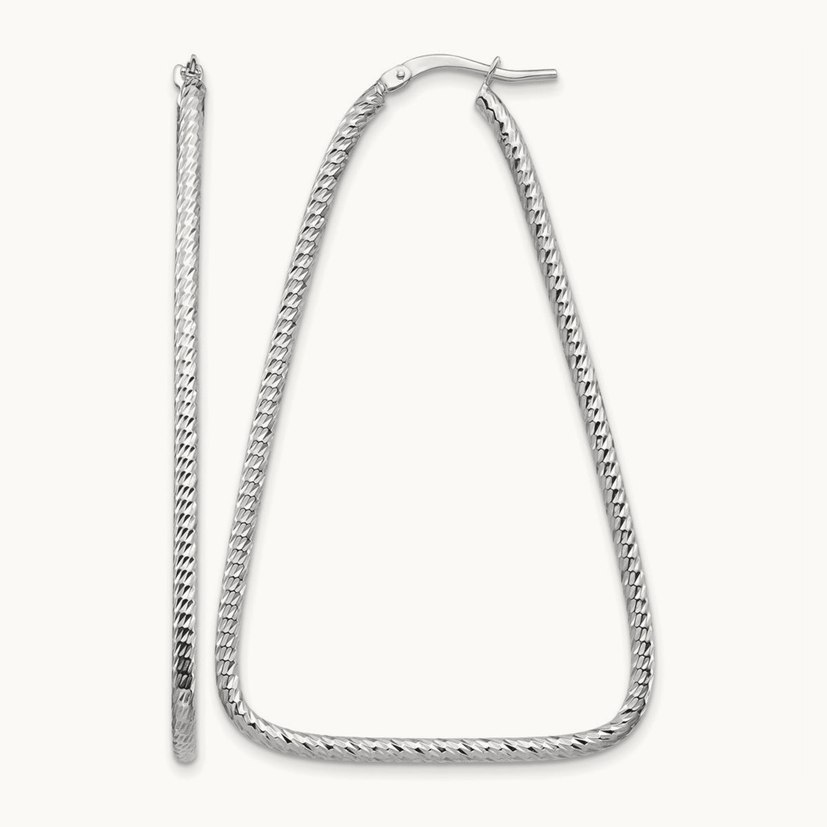 Polished & Diamond-cut Double Triangle Hoop Earrings — 14K White Gold