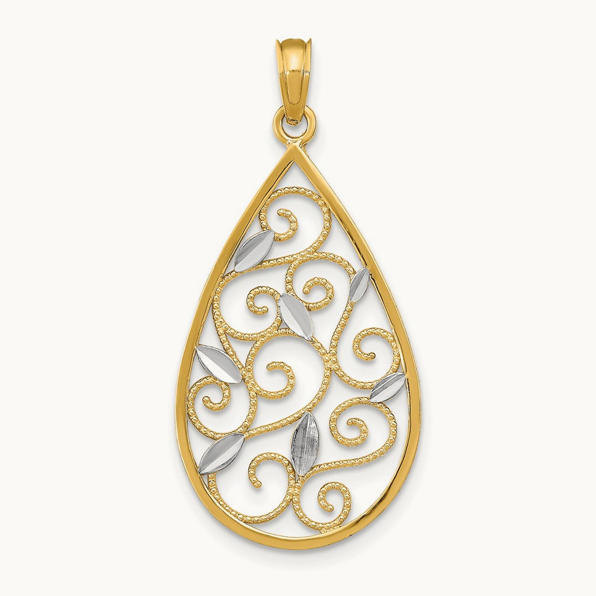 Beaded Filigree Diamond-cut Teardrop Charm with rhodium — 35mm