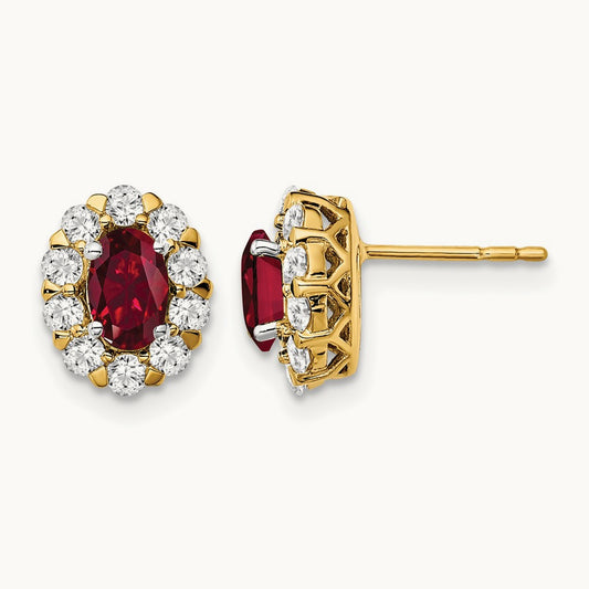 Oval Created Ruby Halo Post Earrings, 0.75 ct tw Lab-Grown Diamond