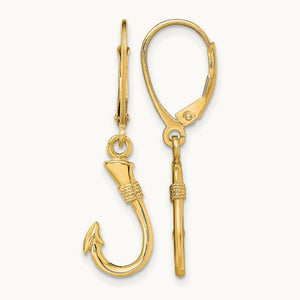 3-D Fish Hook Leverback Earrings — 14K Yellow Gold