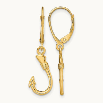 3-D Fish Hook Leverback Earrings — 14K Yellow Gold