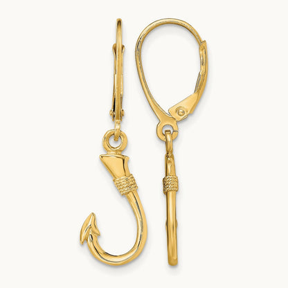 3-D Fish Hook Leverback Earrings — 14K Yellow Gold