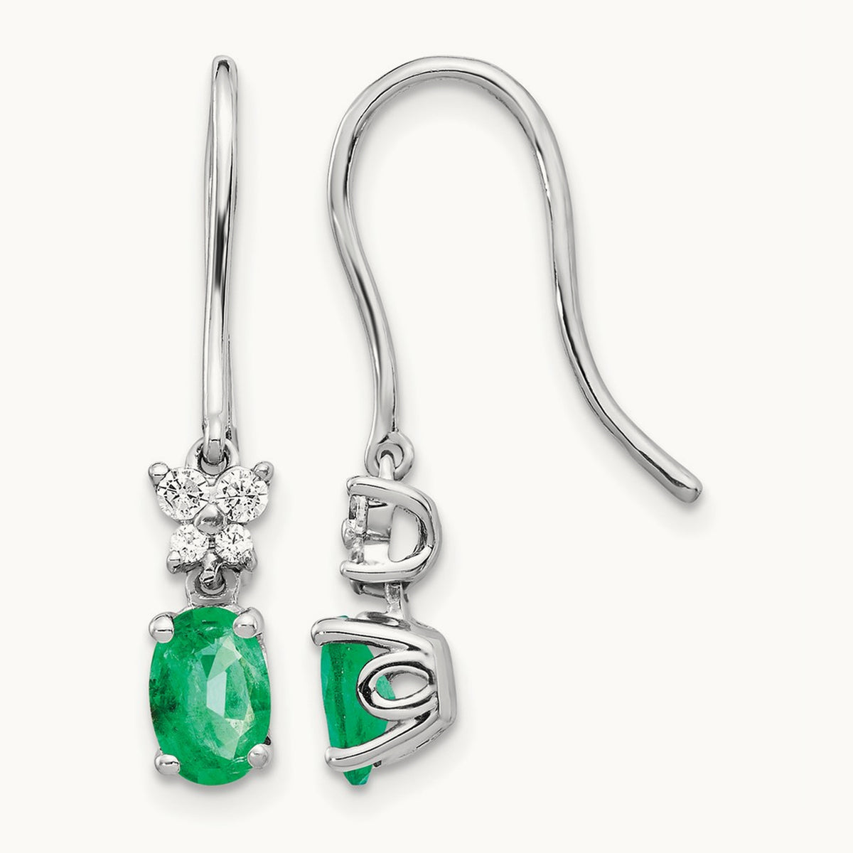 1/8ct Diamond and Oval Emerald Dangle Earrings, 14K White Gold