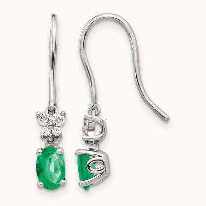 1/8ct Diamond and Oval Emerald Dangle Earrings, 14K White Gold