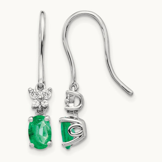 1/8ct Diamond and Oval Emerald Dangle Earrings, 14K White Gold
