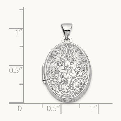 Oval Floral Scroll Border Locket, 21mm, 14K White Gold